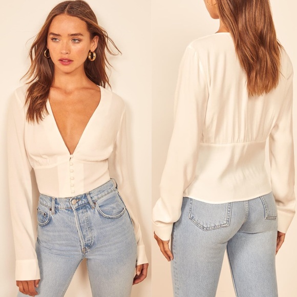 Reformation Fulham Long Sleeve Buttoned Ivory Top - Picture 2 of 7